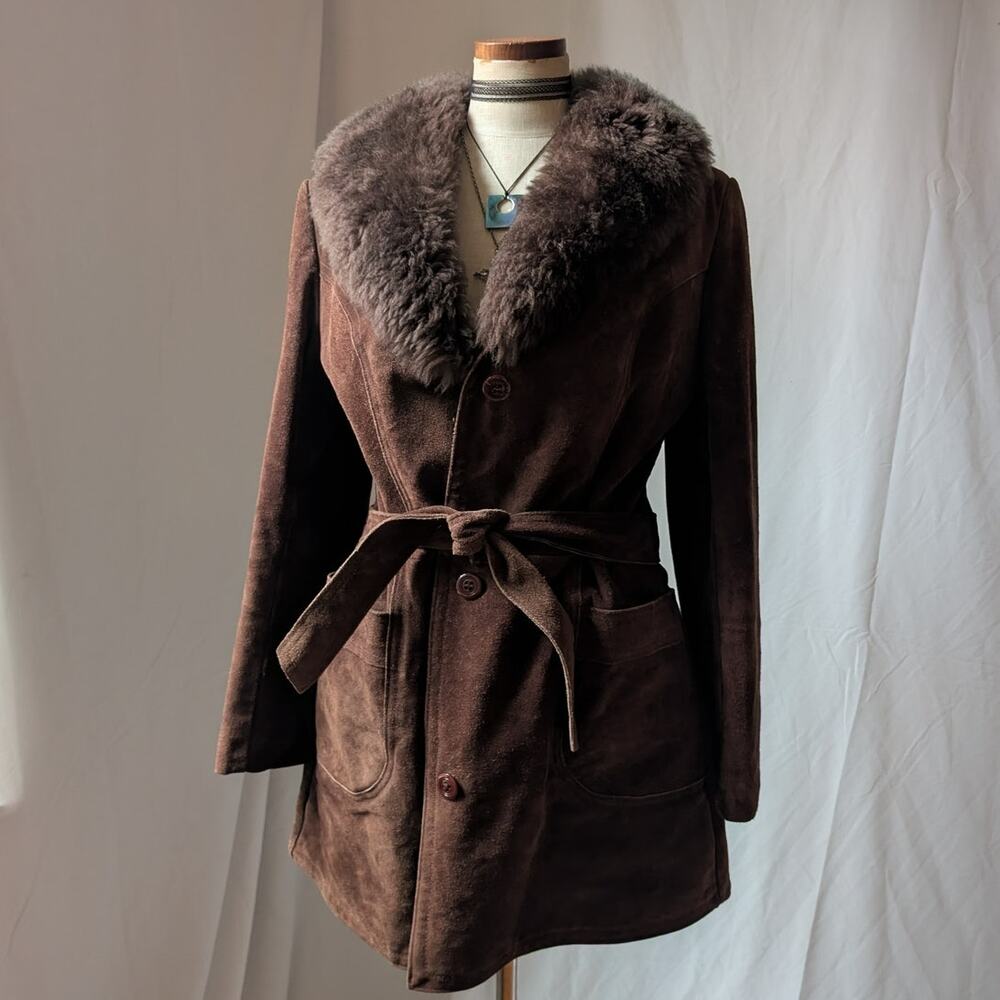 Vintage Brown Suede Penny Lane Coat XL Fur 70s Leather Jacket Boho Afghan